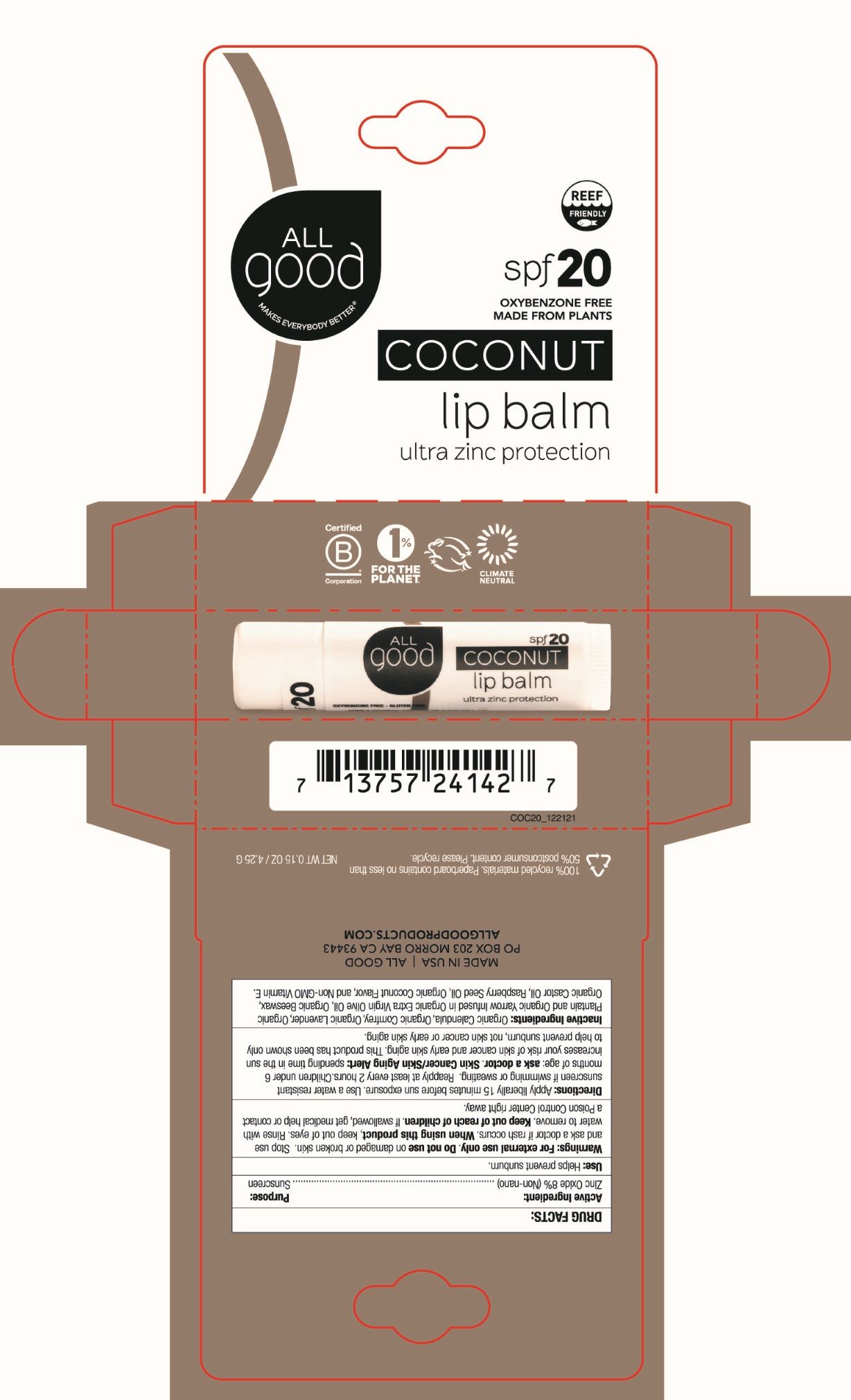All Good Coconut Spf 20 Zinc Oxide Lip Balm